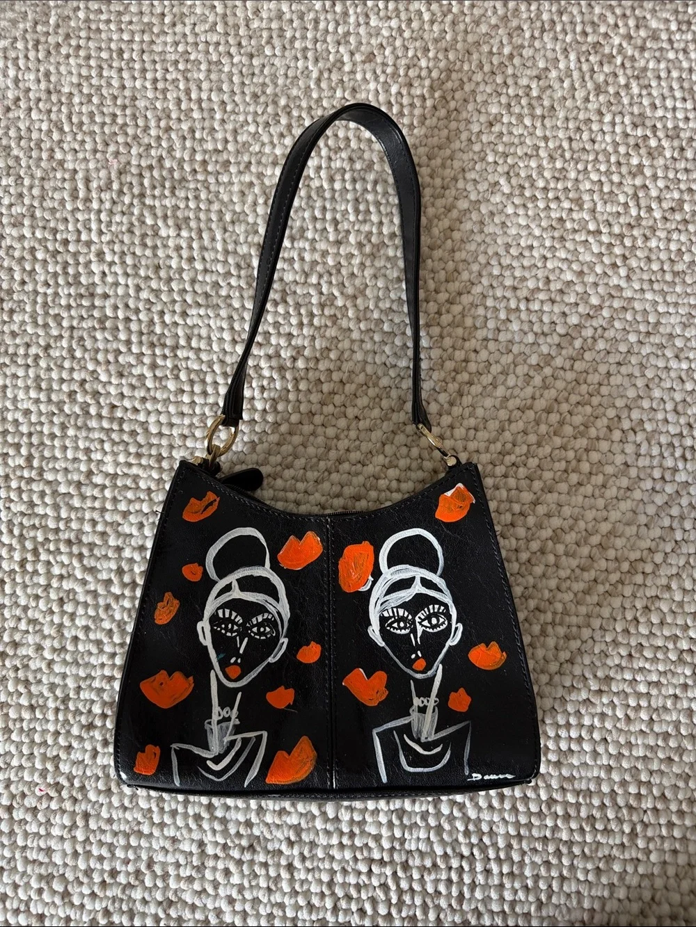 Liz Claiborne Black Shoulder Bag with Orange & White Painted Faces